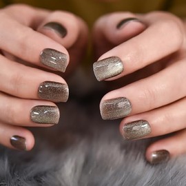 IKISKT Press On Nails - Glitter Black Gold | Cateyes Shiny Little Yellow l UV Medium Short Square Chrome False Fake Nails, Reusable Glue | 10 Sizes - 24 Nail Kit