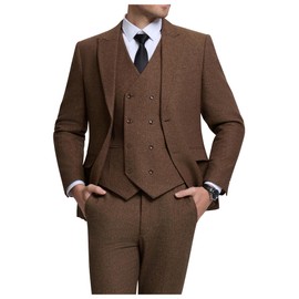 ZKHOECR Herringbone Tweed Suits for Men Retro 3 Piece Light Brown Wool Blend Suit Jacket Vest Pants Wedding Tuxedo Suits for Men M