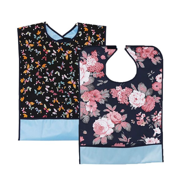 2 Pack Adult Waterproof Washable Reusable Bibs with Poop Pocket and Velcro Fastening for Men and Older Women (Flower + Butterfly)