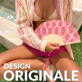 Fisura – Ventaglio in Legno Fantasia Tribale Rosa, Accessorio Estivo Moderno e Creativo, con Laccetto Incluso, Idea Regalo Originale, 42,5 x 23 cm
