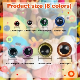 80 Pieces 10-24mm Safety Eyes for Amigurumi,Eyes for Crafts with Washers,Stuffed Animal Eyes for DIY of Puppet Bear Crafts Toy Doll Making Supplies(8 Sizes,8 Colors)