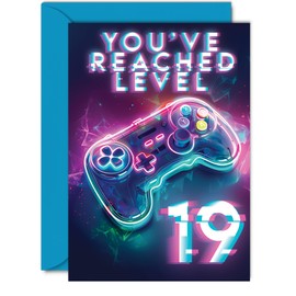 19th Gamer Birthday Cards for Men Women - You've Reached Level 19 - Happy 19 Birthday Card for Son Daughter Brother Sister Friend, 5x7 Inch Nineteen Nineteenth Bday Video Game Greeting Cards