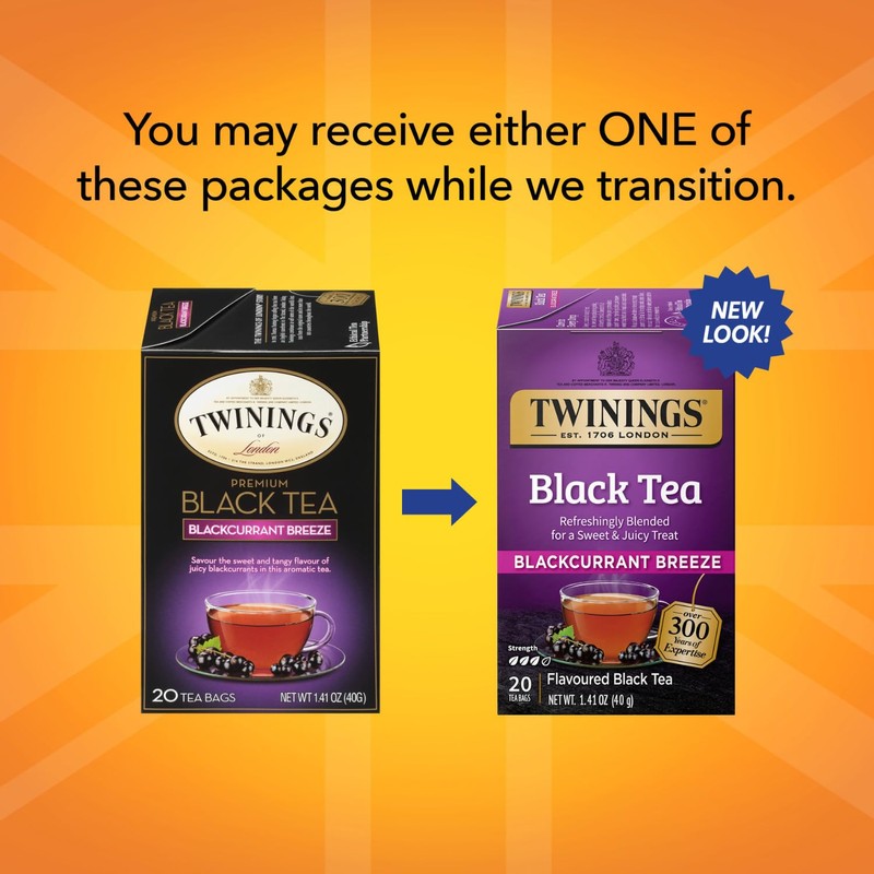 Twinings Blackcurrant Breeze Black Tea Individually Wrapped Bags, 20 Count