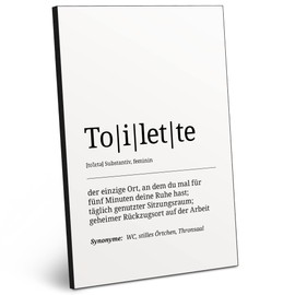 Artfaves® Wooden Picture, German Word Explanation/ Duden Definition: Toilet, Black and White Decorative Wall Picture as a Gift, Wooden Sign with Saying, Home/Bathroom Theme (German language product)