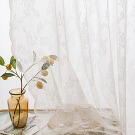 Sutuo Home Juego de 2 paneles de cortinas de encaje, color blanco transparente de 96 pulgadas de largo, floral, clásico, panel de ventana de gasa para recámara, sala de estar, cocina, bolsillo para barra de decoración, 57 pulgadas de ancho x 96 pulgadas 