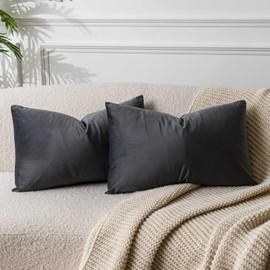 JUSPURBET Dark Grey Lumbar Velvet Throw Pillow Covers 35x60 CM Set of 2 for Living Room Couch Sofa Bedroom Decorative Rectangle Solid Soft Cushion Cases with Invisible Zipper