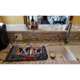 Caroline's Treasures PPP3248DDM Boston Terrier Looking for Santa Christmas Dish Drying Mat Absorbent Dish Drying Mat Pad for Kitchen Counter Dish Drainer Mat for Countertop, 14 x 21", Multicolor