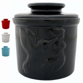 JBK Pottery Ceramic Butter Crock with Lid, French Butter Dish for Counter, Non-Toxic Butter Keeper for Fresh, Spreadable Butter – Black