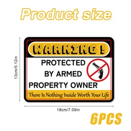 6pcs Gun Sign for Home Security, 7.09x5.12in Protected by Armed Property Owner Label Waterproof Gun Owner Warning Sticker Funny No Trespassing Decal for Home Yard Garden Door