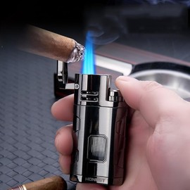 Triple Torch Lighter with Punch Square Powerful Fire Windproof Metal Butane Refillable Butane Lighters Men's Nice Gift (Butane Not Included)(Red Copper)
