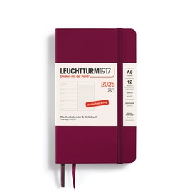 LEUCHTTURM1917 370529 Weekly Calendar & Notebook 2025, Pocket A6 Softcover - 12-Month Planner, 80 g, Lined - Port Red