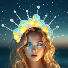 Atigy Light Up Starfish Headband LED Seashell Headpiece Mermaid Pearl Beach Hair Accessories for Women (Warm light, One Size)
