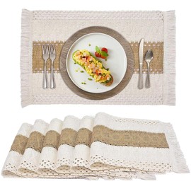 Boho Placemats Set of 6, Woven Placemats Cloth Cotton Placemats, Rustic Rectangular Beige Macrame Placemats for Rustic Wedding Family Gatherings Dining Table Kitchen, 11.8 x 19.7 Inch