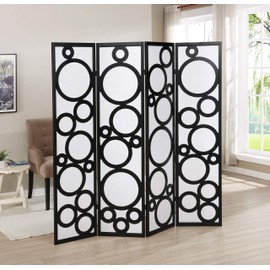 Roundhill Furniture Arvada 4-Panel Wood Room Divider with Circle Pattern, Black