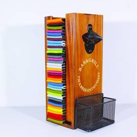 LEIRUOTM 3-in-1 Can Cooler Holder with Bottle Opener - Wooden Beer Can Sleeves Organizer & Dispenser - Wall Mounted Beer Can and Bottle Cooler Storage - Ideal for Home Bars and Parties(Wood)