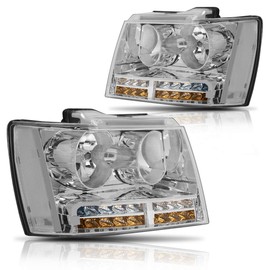 PM PERFORMOTOR Headlights Assembly Compatible with 2007-2014 Chevy Tahoe Suburban 1500/2007-2013 Chevy Avalanche Suburban 2500, Headlamps with LED DRL, Chrome Housing/Clear Lens