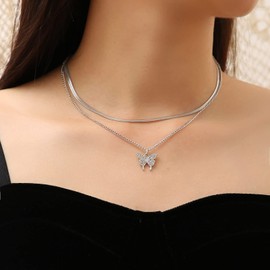 TseenYi Butterfly Choker Necklace Layered Butterfly Pendant Necklace Snake Chain Short Neckacle Duoblelayer Silver CZ Butterfly Pendant Necklace Chain Jewelry for Women Girls