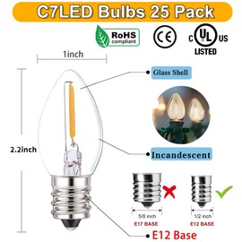 C7 LED Bulbs Christmas C7 LED Light Bulbs 25 Pack C7 LED Replacement Bulbs C7 LED Christmas Lights Replacement Bulbs 0.6 Watt C7/E12 Candelabra Base for Candle Christmas Tree Patio Christmas Decor
