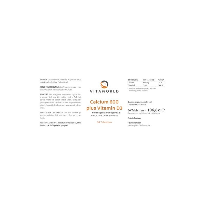 Vita World Calcium 600 mg + Vitamin D, 60 Tablets,