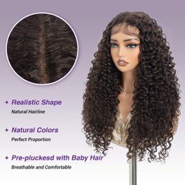 Rebecca Q Long Deep Wave Lace Front Wig for Women Synthetic Natural Crimps Curls Dark Brown 24 Inch T-Part Preplucked Hairline Wig with Baby Hair