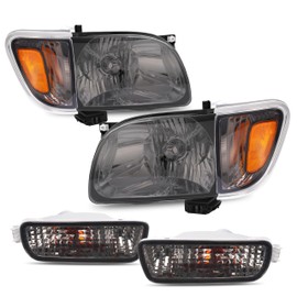 KUAFU Pair Headlights+Corner Lights+Turn Signal Lights with Bulbs Compatible with 2001-2004 Toyota Tacoma Replacement for 8115004110 8111004110 Head Lamps Corner Signal Lamps Smoke Lens Black Housing