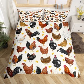 Chicken Comforter Cover Set, 135 x 200 cm, Rustic Rooster Hen Duvet Cover for Teen Adults, Bedroom Decor, Farm Animals Bedding Set with Zip Closure, 1 Pillowcase, Orange, Black, White