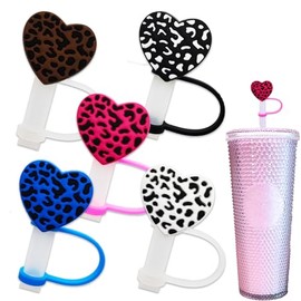5Pcs Leopard Hearts Straw Covers Cap Toppers, Reusable Cute Drinking Straw Covers for Tumbler with 8mm/0.3in Diameter, Dust-Proof Straw Tips Lids