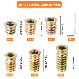 Prebarfun Pack of 80 M6 Screw Nuts, Threaded Insert Wood M6 with Hex Key, Hex Socket Nut for Wooden Furniture, Zinc Alloy Drive-in Nuts for Wooden Furniture, Thread Repair
