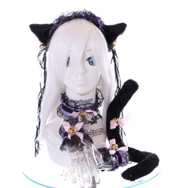 C-12-8 Black Purple Gothic Lolita Maid Cat Ears Headband Collar Bracelet Tail Set Cosplay