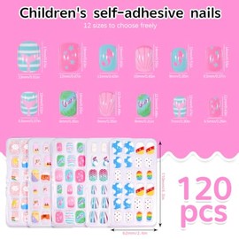 HASTHIP® Townley Girl 120 piezas Uñas Postizas para Niñas,Uñas Acrílicas Metálicas y con Purpurina,5 Diseños de Dibujos Animados Kit de Prepegadas con
