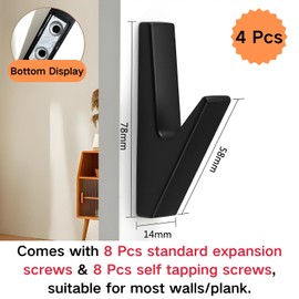 Super Strong Screw Hook (Pack of 4) - Wall Hooks for Acoustic Panels, Clothes - Drilling Required - Strong Hook for Bathroom, Kitchen & Hallway - Towel Rail with Screw Mounting - Black