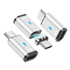 HESKUL USB C Magnetic Adapter 3Pack Straight 120W Magnetic USB C Connector 5Pins USB2.0 480Mbps Data Transfer for USB C Laptops, Tablets, Phones, Silver
