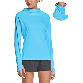 BALEAF Women's Hiking Long Sleeve Shirts with Face Cover Neck Gaiter UPF 50+ Lightweight Quick Dry SPF Fishing Running Hoddie Blue Size S