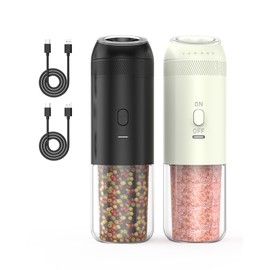 CEVING Gravity Electric Salt and Pepper Grinder Set with 176ml Large Capacity, Top-Mounted 5 Adjustable Coarseness Settings, Automatic USB Rechargeable Spice Mill with LED Light (2 Pack Black & White)
