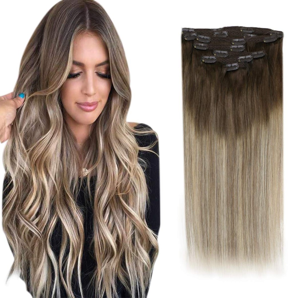Sunny Clip in Hair Extensions Ombre 18 inch Clip in Ombre Hair Extensions Double Weft #4/14/60 Clip in Human Hair Extensions Ombre Balayage 7pcs 120g