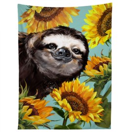 Society6 Big Nose Work Sneaky Sloth with Sunflowers Tapestry, 50" x 60", Yellow