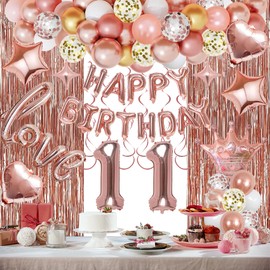 Miidenks 11th Birthday Decorations for Girls Rose Gold, Rose Gold Happy Birthday Banner, Fringe Curtains, Foil Balloons, Hanging Swirls for Girls 11 Birthday Party Decorations