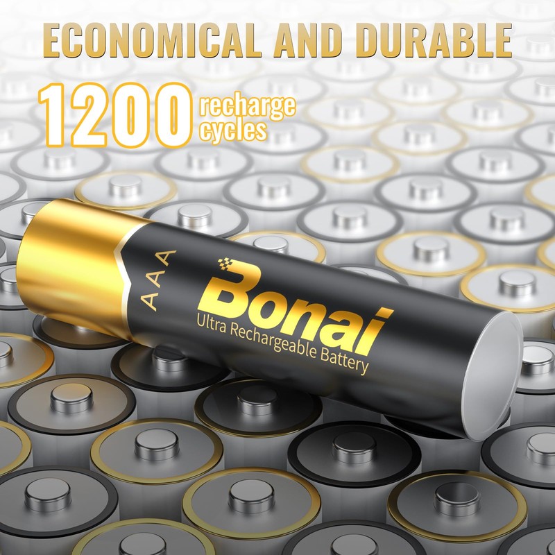 BONAI Gold Top Rechargeable AAA Batteries 12 Count, Upgrade High-Performance