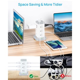 BEVA Power Strip Tower with USB Ports, 16 in 1 Surge Protector Tower, 12 AC and 4USB Ports, 10 FT Extension Cord with Multiple Outlets, Power Tower Charging Station for Office Supplies（White）