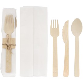 Natural Dinner Party Catering Bamboo Veneer Utensil 4pc Set - Spoon, Fork, Knife, Napkin - Twine Tied - 30 Sets