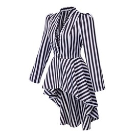 CosplayDiy Womens Steampunk Jacket Gothic Victorian Coat Black and White Stripe Medieval Gothic Tailcoat S