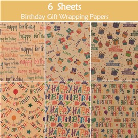 Wrapping Paper,Cydaluya Birthday Wrapping Paper,6 Sheets Recycled Kraft Birthday Gift Wrapping with 10m Jute String and 9 Tags for Boy Men Girl Women(70x50cm)