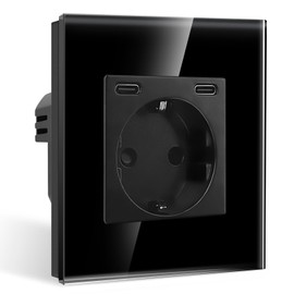 CNBINGO Single Socket with 2 x Type C (USB Port 20 W Quick Charge) - Simple Glass Schuko Socket Flush-Mounted - Black Wall Socket with Child Lock