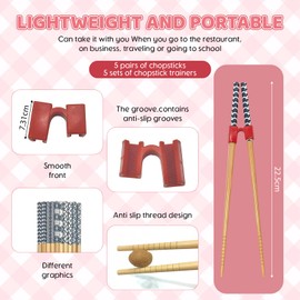 AstraGlam 5 Pairs Japanese Natural Bamboo Chopsticks With 5PCS Chopstick Helper, Beginners Training Chopsticks Helpers Set, Reusable, Dishwasher Safe, Nicely Boxed Chinese Chop Sticks