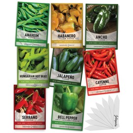 Gardeners Basics, Pepper Seeds for Planting 8 Varieties Pack, Jalapeno, Habanero, Bell Pepper, Cayenne, Hungarian Hot Wax, Anaheim, Serrano, Cubanelle Heirloom Seeds for Planting in Garden Non GMO