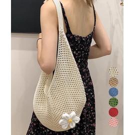 [miniministore] トートバッグ花モチーフ付き編みバッグ軽量（ブルー，ワンサイズ）