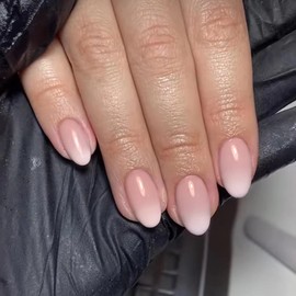 KQueenest Ombre Pink Press On Nails Short Oval,Thick Acrylic Nails Press Ons,Short Almond Nails Glue on,Natural French Round Fake Nails,One Color Gel Stick On Nails Set For Tiny Average Wide Nail Beds