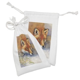 Lunarable Fox Fabric Pouch Set of 2, Wild Animal Theme Portrait of a Fox Pattern in Watercolor Effect Style Print, Small Drawstring Bag for Toiletries Masks and Favors, 9" x 6", Cinnamon and Coconut
