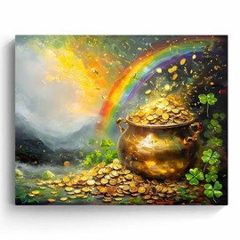 St. Patrick's Day Canvas Wall Art Decor - Pot of Gold with Rainbow and Shamrocks, Lucky Clover St. Patrick's Day Artwork, Holiday Wall Decor for St. Patrick's Day Celebrations 11X14 inch
