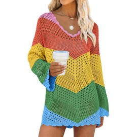 ANRABESS Women Swimsuit Crochet Swim Cover Up Summer Bathing Suit Swimwear V Neck Mesh Knit Beach Dress 2025 Vacation Outfits Medium